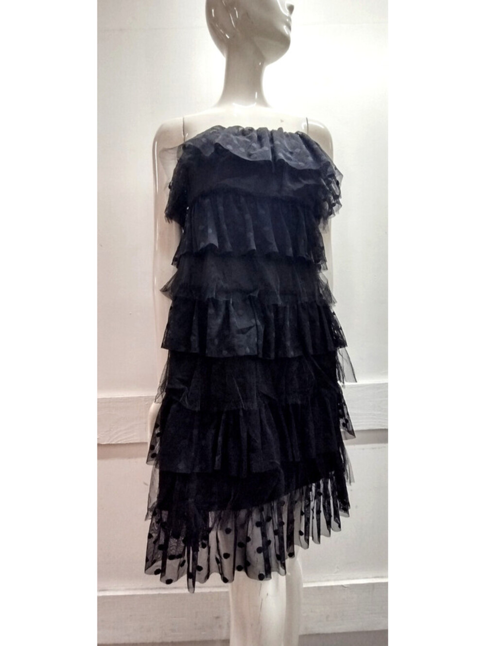 Black Strapless Dress Polka Tulle Sheer Witchy Mod Goth Retro Size 12 NEW w Tag